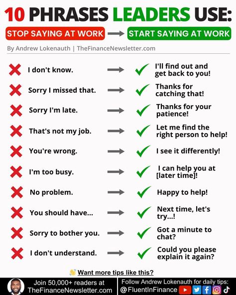 Business Infographics on LinkedIn: 10 Phrases Leaders Use  Credits to Andrew Lokenauth, follow him for more… Effective Leadership Skills, Business Communication Skills, Business Writing Skills, Good Leadership Skills, Email Writing, Positive Work Environment, Startup Marketing, Effective Leadership, Work Skills