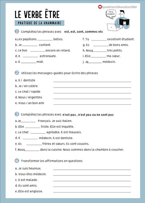 Grade 5 French Worksheets, French Worksheets Intermediate, French Conjugation Worksheets, French Exercises Worksheets, French Grammar Exercises, French Lessons For Beginners, French Language Basics, French Poems, Learning French For Kids