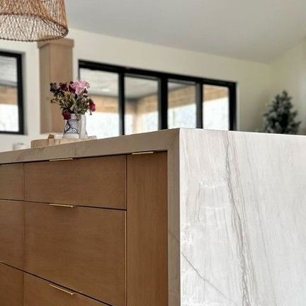 Scandinavian Kitchen Island, Reno Kitchen, Flat Cabinets, Waterfall Countertop, Waterfall Island, Scandinavian Kitchen, Oak Cabinets, Tile Ideas, Custom Cabinets