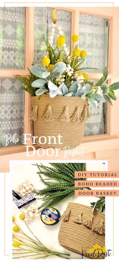 Boho Front Door Wreath, Front Door Diy Decor, Diy Boho Wreaths For Front Door, Front Door Decor Diy, Boho Front Door, Entry Makeover, Easy Floral Arrangements, Southwestern Kitchen, Door Baskets