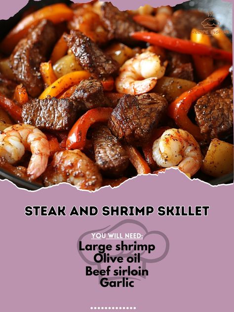 🥩🍤 Enjoy the ultimate Steak and Shrimp Skillet—a savory and satisfying combo of juicy steak and tender shrimp, all in one pan! 🍤🥩 #SteakAndShrimp #DinnerDelight Steak and Shrimp Skillet Ingredients: Beef sirloin (1 lb, cut into strips) Large shrimp (1 lb, peeled and deveined) Olive oil (2 tbsp) Garlic, minced (3 cloves) Bell peppers (2, sliced) Onion (1, sliced) Soy sauce (2 tbsp) Worcestershire sauce (1 tbsp) Salt and pepper (to taste) Instructions: Heat olive oil in a skillet over mediu... Steak And Shrimp Skillet, Veggie Skillet, Skillet Shrimp, Sliced Onion, Steak And Shrimp, Beef Sirloin, One Pot Dinner, Large Shrimp, Steak Bites