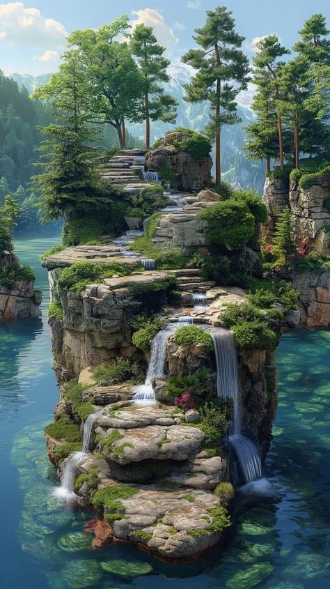 Fantasy Setting Village, Fantasy Worldbuilding, Waterfall Pictures, Surreal Landscape, 100k Followers, Beautiful Scenery Pictures, Autumn Scenes, Fantasy City, Fantasy Images