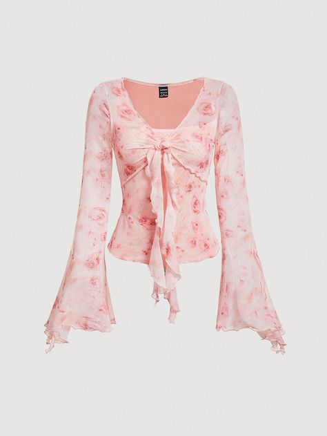 Pink Casual Collar Extra-Long Sleeve Knitted Fabric Tie Dye  Embellished Medium Stretch  Women Clothing Mode Rose, Flare Long Sleeve, Mesh Blouse, Extra Long Sleeves, Long Sleeve Tee Shirts, Look Vintage, Front Tie Top, Inspiration Mode, Tie Dye Print