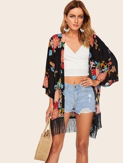 Look Kimono, Women's Half Sleeve, Sheer Cardigan, Fringe Fabric, Cardigan Kimono, Floral Print Kimono, Sheer Kimono, Womens Kimono, Print Kimonos