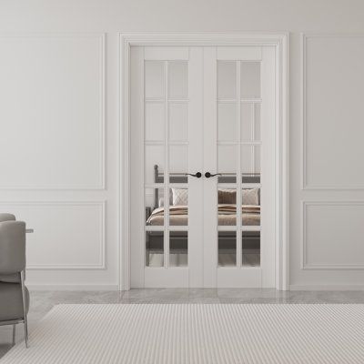 French doors can add artistic style to any house. They can also enhance the spaciousness of a room by allowing 100% light to enter. This is achieved through the use of clear glass. This is an awesome door made of MDF wood and clear glass that will make your house more attractive. Size: 48" x 80" | French Doors - ARK DESIGN 10-Lite clear Glass Primed French Doors Double Doors w / Hardware / Handle 80.0 H x 48.0 W x 1.375 D in brown / greenGlass / Manufactured Wood | 48" x 80" | Wayfair Hardware French Doors, French Doors Back Door, Frenxh Doors, Glass Double Door Design, Office Double Doors, French Doors Interior Office, White Double Doors, French Doors White, Interior Doors With Glass Panels