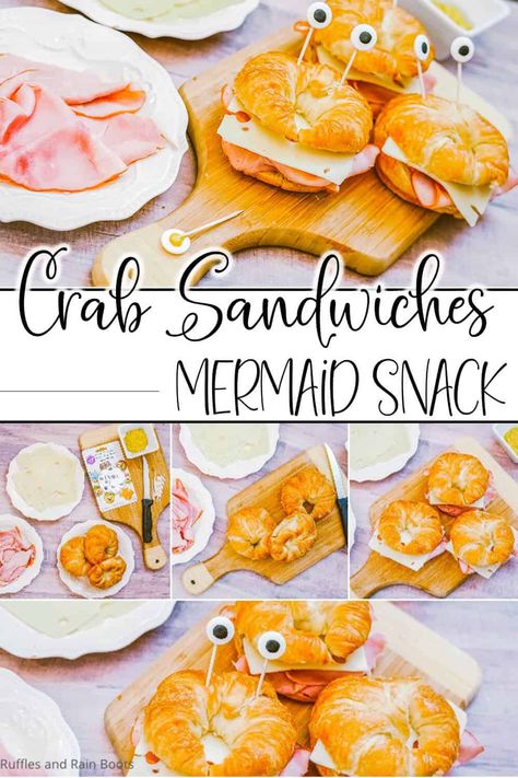 This is the most awesome mermaid themed party food--super simple crab sandwiches that the kids can make themselves! Grab the easy recipe to make some crab-wiches for your mermaid party today! Mermaid Party Sandwiches, Mermaid Foods For Party, Fairytale Theme Party Food, Mermaid Pool Party Food Ideas, Mermaid Finger Foods, Mermaid Lunch Ideas, Mermaid Party Finger Foods, Ariel Food Ideas, Mermaid Themed Appetizers