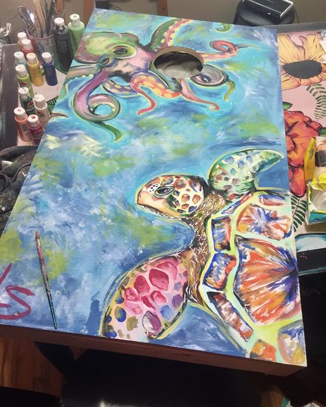 Abstract Turtle Painting, Summer Themed Paintings, Ocean Theme Painting, Turtle Painting Acrylic, Japanese Art Deco, Beachy Art, Painting Fish, Painting On Canvas For Beginners, Dorm Art