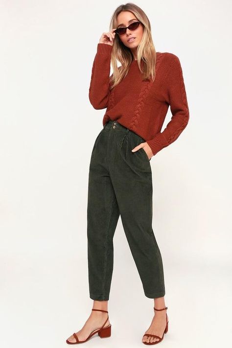 #NewYear Sale! #EnvyWe #Lulus - #Lulus Shaina Olive Green Corduroy Cropped Pants - Lulus - EnvyWe.com Women Pants Outfit, Corduroy Pants Outfit, Green Pants Outfit, Olive Pants, Cord Trousers, Olive Green Pants, Green Corduroy, Orange Shirt, Professional Attire