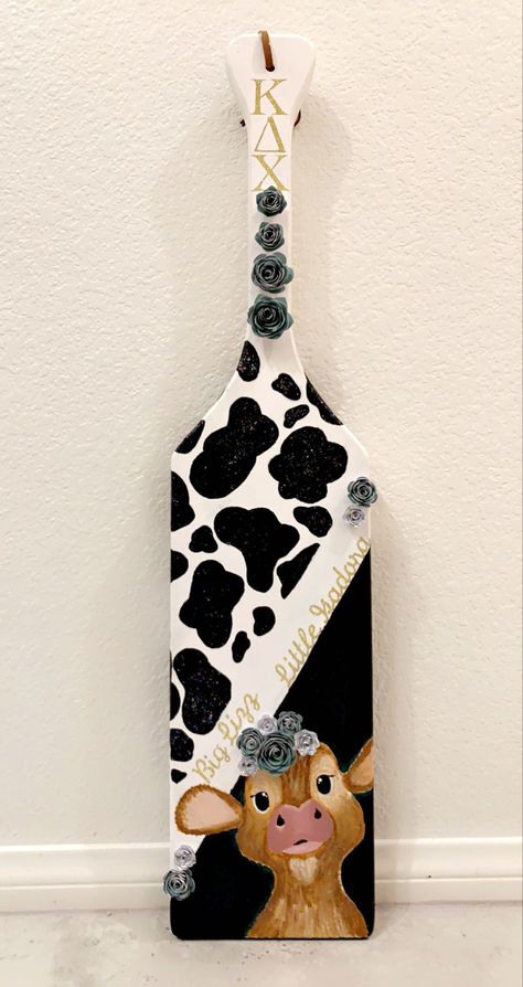 My Little LOVES Cows so I made her this ❤️ Western Sorority Paddle, Paddles For Sorority, Cow Print Sorority Paddle, Cute Sorority Paddles Ideas, Cow Print Sorority Canvas, Sorority Paddles Ideas Unique, Unique Paddles Sorority, Sorority Paddles Unique, Big Little Paddles Sorority Ideas