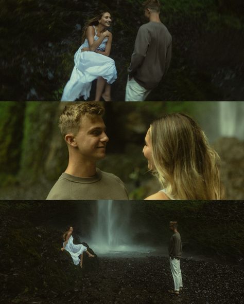 soft mist, crisp breeze that lets your hair blow in the wind and the beautiful moss while listening to the water crash from the Oregon falls … all with E&M 🌊✨🤍 Waterfall Shoot, Dreamy Engagement Photos, Cinematic Storytelling, Latourell Falls, Couples Shoot, Mt Hood, Oregon Coast, Couple Shoot, Engagement Shoot