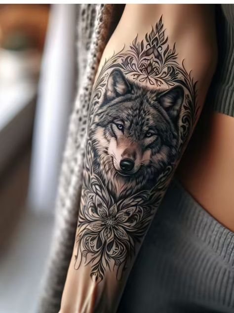 Mama Wolf Tattoo For Women, Tattoo On Tricep Women, Mystical Wolf Tattoo, Wolf Hand Tattoos For Women, Wolf Family Tattoo, Mandala Wolf Tattoo, Wilderness Tattoo Women, Jin Tattoo, Half Sleeve Tattoos Wolf