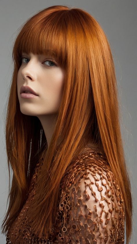 Edgy Copper Fringe: Chic Copper Shag Hair Look Copper Shag Hair, Copper Shag, Bangs For Older Women, Copper Fringe, Women With Long Hair, Edgy Hair Color, Shag Hair, Lasting Curls, Long Lasting Curls