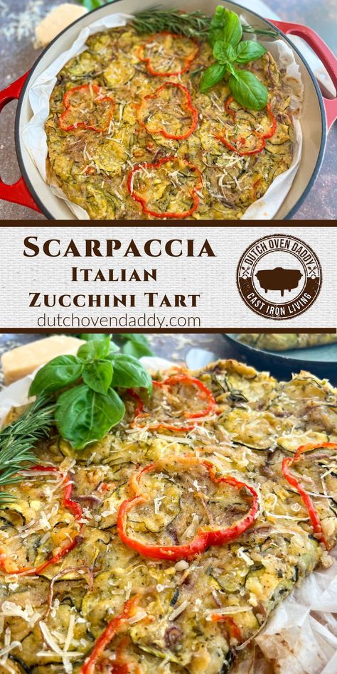 Scarpaccia is an Italian Zucchini Tart that uses simple ingredients like fresh vegetables and herbs, some pantry staples, and Parmesan cheese. Italian Vegetable Schiacciata Recipe, Vegetable Schiacciata Recipe, Italian Squash Recipes, Italian Zucchini Recipes, Scarpaccia Zucchini Tart, Mushroom Tomato Recipe, Zucchini Squares, Zucchini Tart, Italian Zucchini