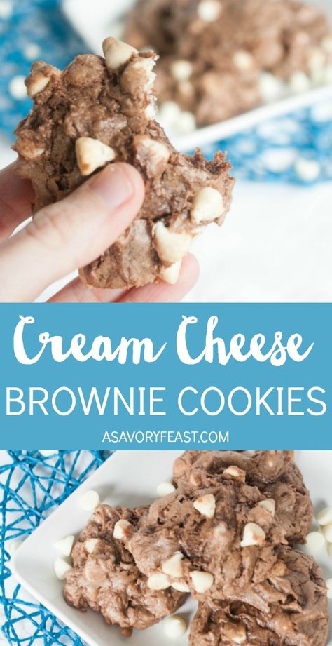 Cream cheese is a magical ingredient. It takes an already delicious recipe and makes it 10 times better. Case in point: these Cream Cheese Brownie Cookies. You probably have a brownie mix in the house, so dress it up with a few extra ingredients for a tasty treat. #boxedbrowniemix #easycookies #cookies #dessert Cream Cheese Baking Chips, Cream Cheese Brownie Cookies, Cream Cheese Chips Cookies, Cream Cheese Chips Recipes, Hersheys Cream Cheese Chips Recipes, Hersheys Cream Cheese Chips, Cream Cheese Chips, Cream Cheese Brownie, Cookie Contest