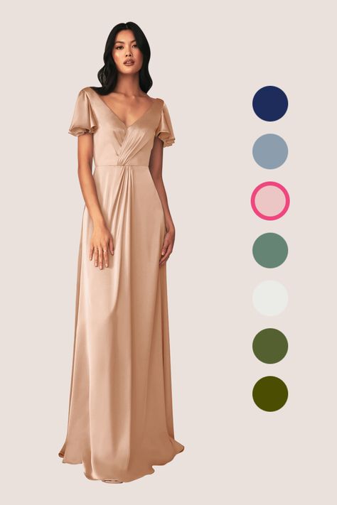 Look elegant and youthful while wearing our Soren dress. Made from our luxurious stretch satin, this bridesmaid dress features a V-neckline bodice with delicate flutter sleeves and a pleated twist detail. Her full length, A-line skirt makes this dress sophisticated and comfortable. Gold Bridesmaid Dress, Rose Gold Bridesmaid Dress, Bicycle Wedding, Plus Size Bridal Dresses, Stretch Satin Dress, Rose Bridesmaid Dresses, Champagne Bridesmaid Dresses, Champagne Bridesmaid, Gold Bridesmaid Dresses