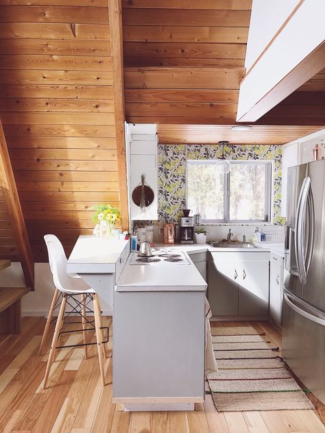 Hood River, Oregon Mid Century Modern A Frame, A Frame Kitchen, Modern A Frame, Frame Kitchen, A Frame Cabins, Upstairs Loft, Bright Bathroom, Frame Cabin, Cabin Kitchens