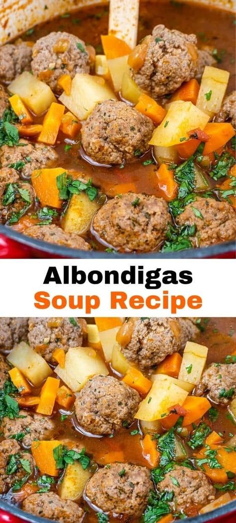 This is what Mexican comfort food looks like. There is nothing more comforting for the soul than warm albondigas swimming in a delicious beef and tomato-based broth with pieces of perfectly cooked onions and potatoes. Abondagus Soup, Spanish Soups, Albondigas Soup Recipe Mexican, Meatballs Soup, Cooked Onions, Albondigas Soup Recipe, Mexican Soups, Albondigas Soup, Mexican Soup Recipes