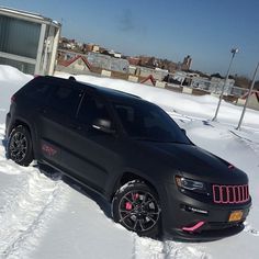 Jeep SRT8 wrapped deep matte black with matte pink highlights and calipers Srt8 Jeep, Srt Jeep, Jeep Srt8, Lifted Jeeps, Jeep Grand Cherokee Srt, Pink Jeep, Jeep Grand Cherokee Limited, Black Jeep, Lifted Jeep