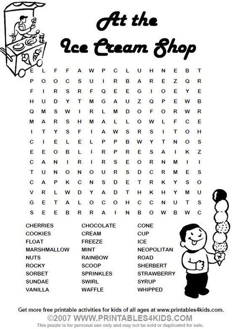 Free Word Search Puzzles, Word Search For Kids, Free Word Search, Word Search Printables, Ice Cream Theme, Printables For Kids, Free Word, Word Search Puzzles, Word Searches