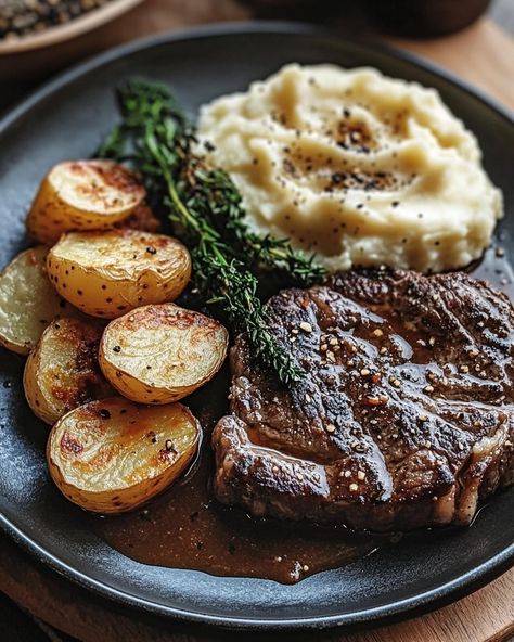 Savor every bite of this classic steak and creamy mashed potatoes! A family tradition turned delicious tradition. 🥩💕🥔 #FamilyFavorites #SteakLovers #ComfortFood #SundaySpecial Steak And Potatoes Plating, Steak With Mashed Potatoes, Steak Mashed Potatoes, Steak And Mashed Potatoes, Steak Dinner Recipes, Sunday Special, Steak Dinner, Creamy Mashed Potatoes, Family Tradition