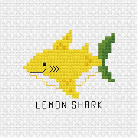 This cute lemon shark cross stitch pdf pattern is the latest addition to the pun series I am building up for my patrons. Lemon shark cross stitch pdf pattern - Ringcat Cross Stitch Shark Pattern, Lemon Shark Crochet, Shark Cross Stitch Pattern Free, Ocean Cross Stitch Patterns, Lemon Pixel Art, Cute Lemon Shark, Shark Perler Bead Pattern, Cross Stiches Ideas Easy, Shark Cross Stitch Pattern