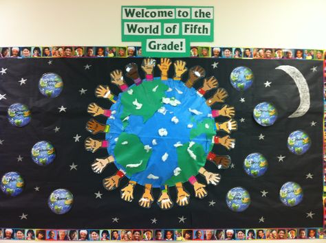 "Around the World" themed board- Welcome to the World of Fifth Grade! Our World Bulletin Board Ideas, World Changers Bulletin Boards, World Theme Classroom, World Classroom Theme, Around The World Classroom Theme, Around The World Bulletin Board, Teaching Ell Students, World Bulletin Board, Preschool Classroom Themes