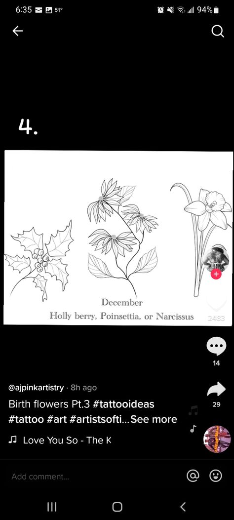 Holly And Narcissus Flower Tattoo, Holly Flower Drawing, Narcissus And Holly Tattoo, Flower Tattoo Narcissus, Poinsettia Tattoo, Narcissus Tattoo, Daffodil Flower Tattoos, Holly Flower, Secret Tattoo