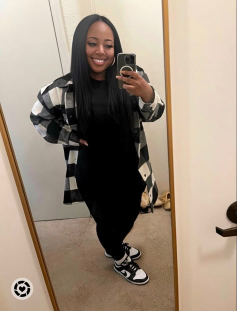 Dunks Outfit School, Nike Fall Outfit, Black Jumpsuit Outfit Fall, Women Dunks, Fall Looks For Black Women, Concert Outfit Black Women, Skirt Outfits Black Women, Jumpsuit Outfit Fall, Shacket Outfit Women