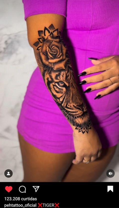 Tiger Leopard Tattoo, Leo Arm Tattoos For Women, Leo Arm Tattoo, Lion Tattoo Sleeves Women, Meaningful Arm Tattoos Men, Tiger Tattoo Bicep, Leo Sleeve Tattoos For Women, Female Quarter Sleeve Tattoo, Wolf Back Tattoo Women