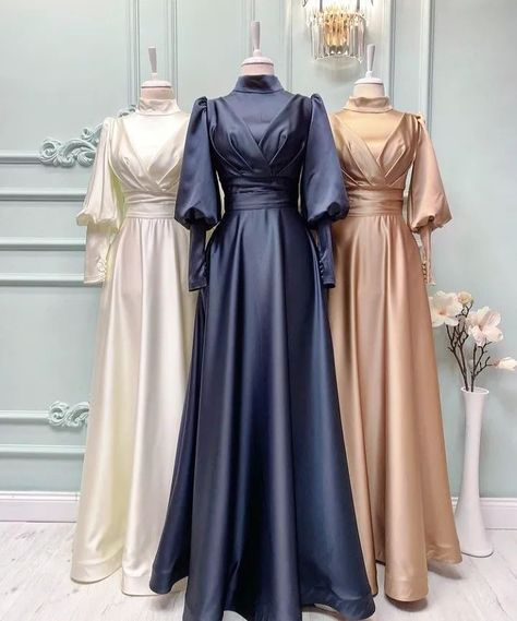 Modern & Modest High quality Satin dress Formal Evening Dress Hijab Evening Dress Classy Satin, Gowns Dresses Elegant Classy Glamour, Satin Dresses Hijab, Baju Bridesmaid Modern Hijab, Satin Dress Hijab, Dress Muslim Modern, Braidsmaid Dresses, Elegant Silk Dresses, Muslim Evening Dresses