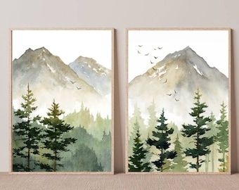 Forest Painting Watercolor, Neutral Landscape, Mountain Valley, Wall Art Set Of 2, Art Set Of 2, Pine Forest, Watercolor Art Prints, Wall Art Set, Art Abstrait