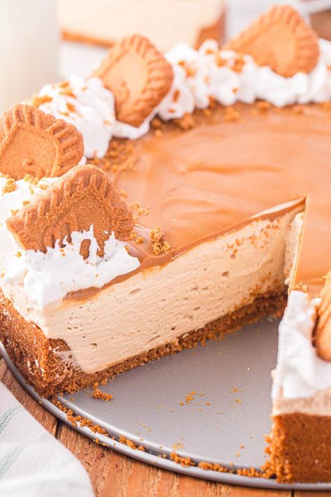 Biscoff cheesecake with one slice removed. Cool Whip Cheesecake Recipes, Biscoff Recipes Cheesecake, No Bake Cookie Butter Cheesecake, No Bake Cheesecake Ideas, Cheesecake Lotus, No Bake Biscoff Cheesecake, Cookie Butter Cheesecake, No Bake Biscoff, Best Easy Dessert Recipes