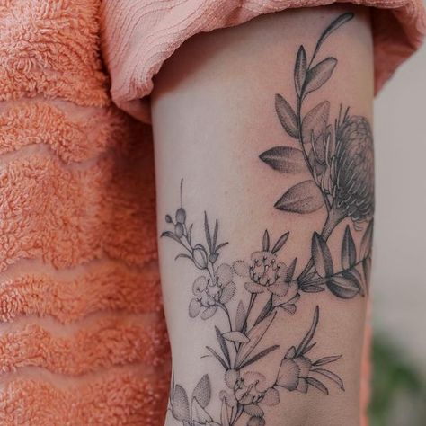 Mars on Instagram: "Some Aussie native flowers from a little while ago 🍂  . . . #tattooingbymars #tattoo #ink #inked #fineline #flower #floral #native #floral #nztattoo #botanical #sleeve" Geraldton Wax Flower Tattoo, Australian Native Tattoo Sleeve, Australian Floral Tattoo, Australian Flowers Tattoo, Australian Botanical Tattoo, Australian Flower Tattoo, Australian Native Tattoo, Native Australian Flowers Tattoo, Aussie Tattoo