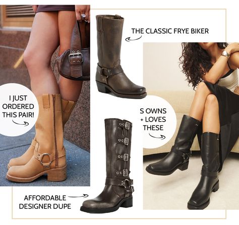 How To Style Moto Boots, Fall Biker Boots For Motorcycling, Moto Boot Outfit, Moto Boots Outfit Fall, Fall Biker Moto Boots Knee-high, Fall Biker Lace-up Boots, Knee-high Biker Moto Boots For Fall, Brown Biker Boots Outfit, Casual Knee-high Moto Boots With Buckle