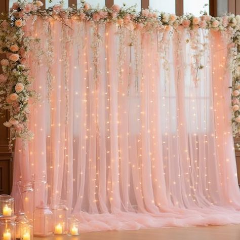 Pink And Gold Backdrop Ideas, Birthday Tent Decor, Backdrop Decorations Engagement, Light Pink Wedding Decorations, 17 Birthday Party Ideas Decor, Baby Pink Birthday Decorations, Roses Party Theme, Pink Curtain Backdrop, Birthday Pink Decorations