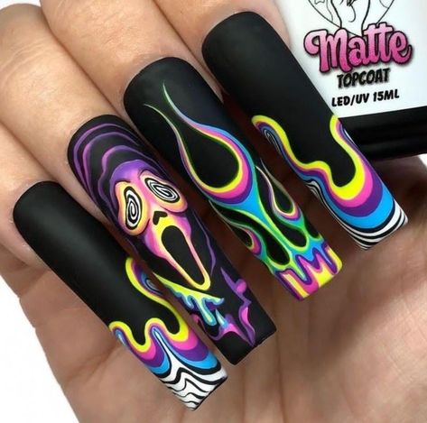 Halloween Rave Nails, 13 Nail Design, Neon Funky Nails, Simple Goth Nails Acrylic, Hand Painted Acrylic Nails, Trippy Halloween Nails, Rainbow Halloween Nails, Black And Bright Nails, Summer Nail White