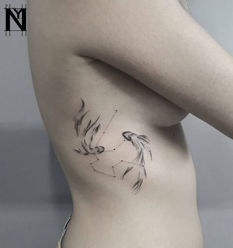 Pisces Constellation and Twin Fish Tattoo | Tattoo Ideas and Inspiration Tattoo Ideas Designs, Twin Fish Tattoo, Orion Tattoo, Pisces Art, Pisces Constellation Tattoo, Leo Constellation Tattoo, Aries Constellation Tattoo, Harry Tattoos, Pisces Tattoo