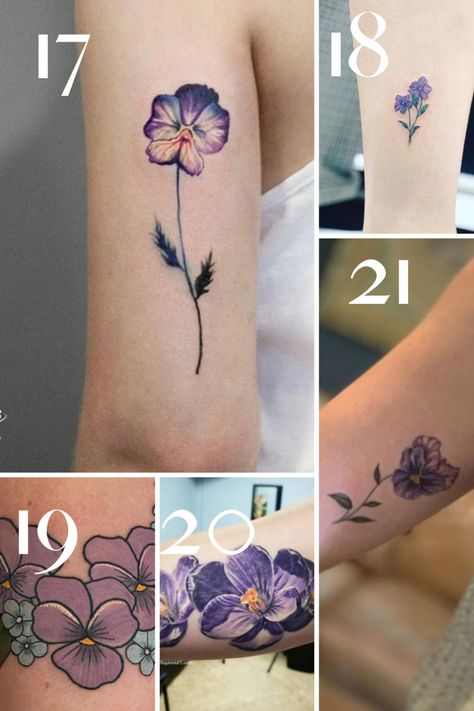 Vibrant February Birth Flower Tattoo {Violet} - TattooGlee Columbine Flower Tattoo, February Flower Tattoo, February Birth Flower Tattoo, Name Flower Tattoo, February Flower, Violet Flower Tattoos, February Birth Flower, Violet Tattoo, Tattoo For Boyfriend