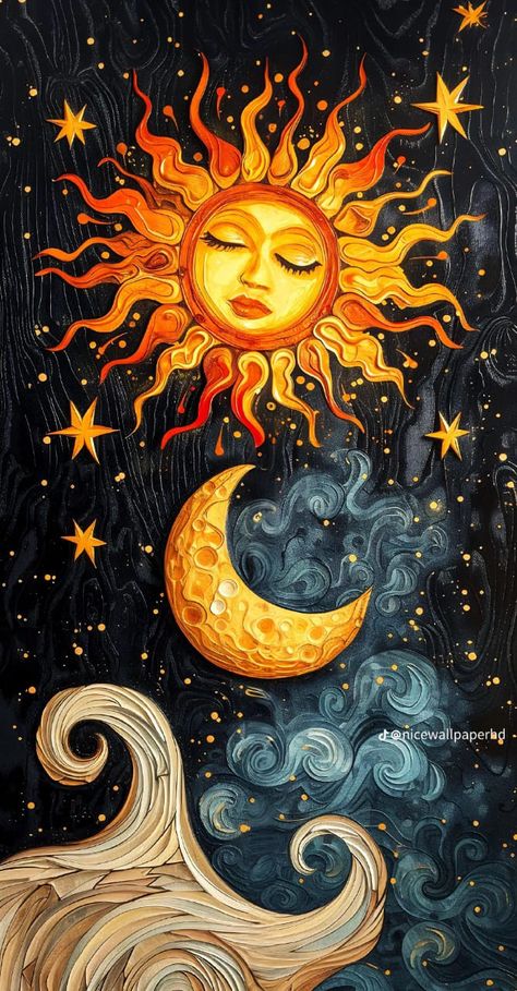 Sun And Moon Painting Aesthetic, Sun And Moon Painting Ideas, Sun And Moon Pictures, Sun And Moon Wallpaper Aesthetic, Celestial Art Wallpaper, Celestial Aesthetic Art, Moon And Sun Aesthetic, Moon And Sun Wallpaper, Sun Drawing Design