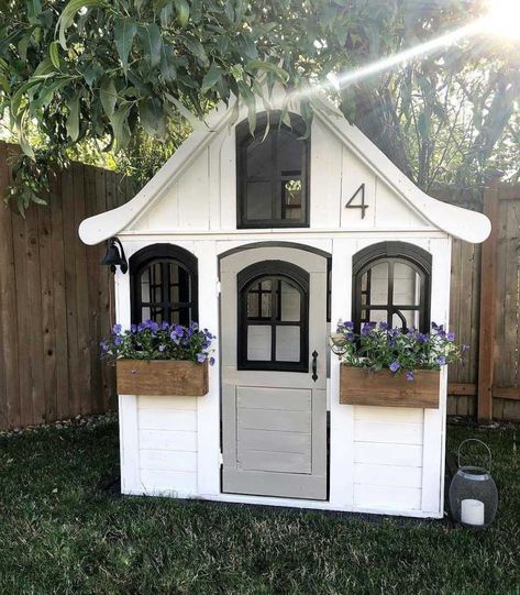 Costco Playhouse, Kids Playhouse Makeover, Outside Playhouse, Playhouse Makeover, Backyard Playset, Girls Playhouse, Playhouse Plans, Diy Playhouse, Backyard Playhouse