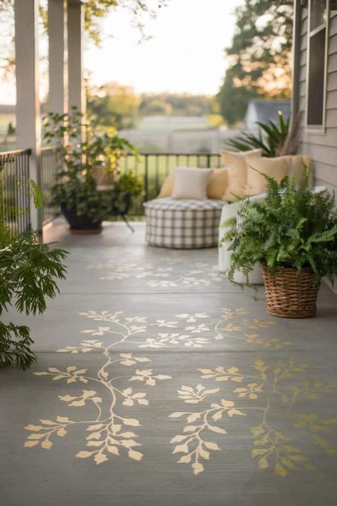 39 Painted Concrete Porch Ideas: Transform Your Outdoor Space Painted Porches Concrete, Cement Porch Paint Ideas, Concrete Front Porch Ideas Cement Patio, Stain Concrete Porch, Front Porch Concrete Paint, Painted Patio Slabs Outdoor Spaces, Painted Concrete Floors Outdoor, Front Porch Concrete Makeover, Painted Concrete Porch Ideas