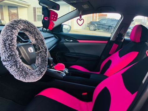 Pink Seat Covers, Pink Mirror Dice, Grey, Fluffy Steering Wheel, Pink Heart-shaped Tsurikawa handle. Pink Honda Civic, Pink Honda, Honda Civic Accessories, Hot Pink Cars, 2016 Honda Civic, Pink Car Accessories, Pink Cars, Honda Civic 2016, Car Inspiration