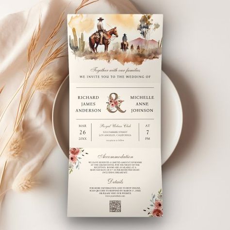 $4.54 | Rustic Western Cowboy All in One QR Code Wedding - vintage horse ranch country wedding, wild west, ampersand, boho bohemian rural floral, watercolor landscape, photo collage, village stable equestrian animal outdoor, online rsvp website details Rsvp Website, Qr Code Wedding, Rsvp Online, Western Landscape, Wedding Anniversary Invitations, Vintage Invitations, Horse Ranch, Photo Wedding Invitations, Anniversary Invitations