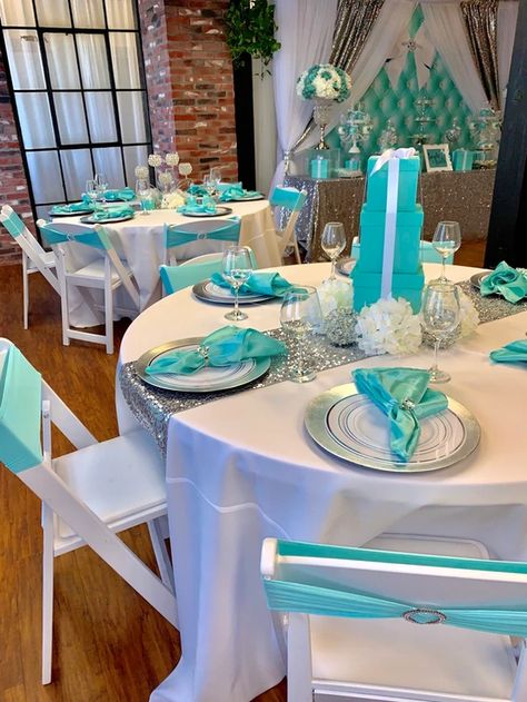 Tiffany Co Party Ideas, Tiffany Sweet 16, Tiffany Theme Party, Tiffany Blue Party, Tiffany Themed Bridal Shower, Tiffany Birthday Party, Tiffany Blue Wedding Theme, Tiffany Birthday, Tiffany Baby Showers