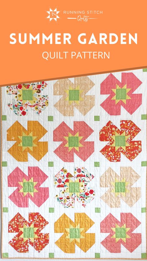 Summer Garden Quilt Pattern - Running Stitch Quilts Flower Quilt Patterns, Quilt Backs, Basic Quilt, Quilting Designs Patterns, Spring Quilts, Fat Quarter Quilt, Flower Quilts, Flower Quilt, Garden Quilt