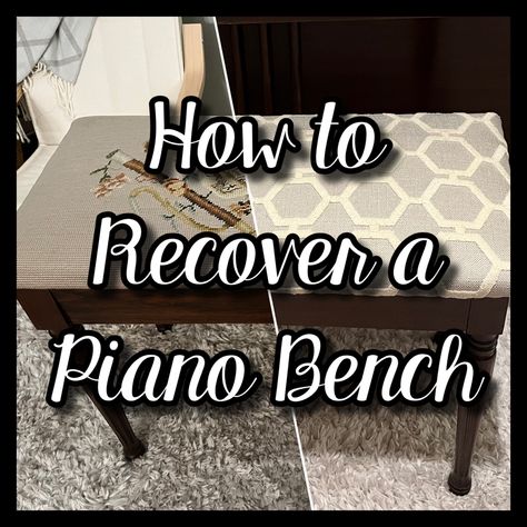 How to recover a piano bench! Piano Seat Ideas, Piano Bench Makeover Ideas, Piano Bench Makeover, Piano Bench Ideas, Piano Living Rooms, Jewlery Storage, Country Bench, Painted Pianos, Hand Carved Furniture