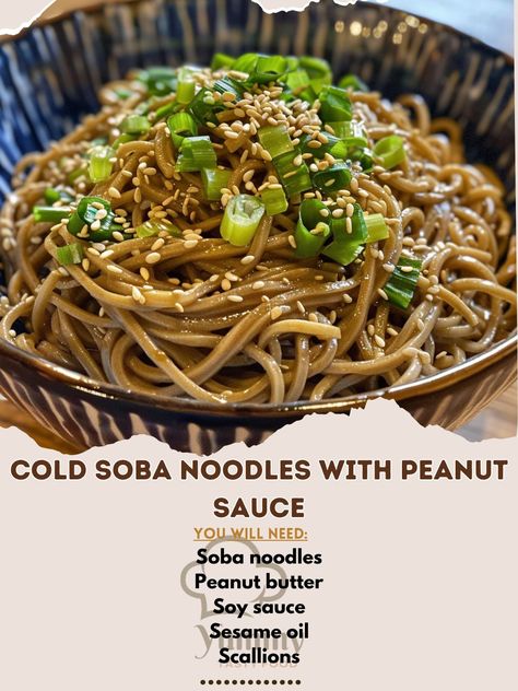 🍜 Cool down with Cold Soba Noodles and Peanut Sauce! #NoodleLovers 🍽️ Cold Soba Noodles with Peanut Sauce 🛒 Ingredients: Soba noodles: 200g Peanut butter: 2 tbsp Soy sauce: 2 tbsp Sesame oil: 1 tsp Scallions: chopped, for garnish Sesame seeds: for garnish 👩‍🍳 Instructions: Cook: Boil soba noodles, then rinse in cold water. Mix: Combine peanut butter, soy sauce, and sesame oil. Toss: Coat noodles with sauce, garnish with scallions and sesame seeds. 🌟 Perfect for a refreshing, quick meal an... Noodles With Sauce, Cold Soba Noodles, Noodles With Peanut Sauce, Peanut Sauce Noodles, Cold Soba, Peanut Butter Sauce, Soba Noodles, Quick Meal, Peanut Sauce