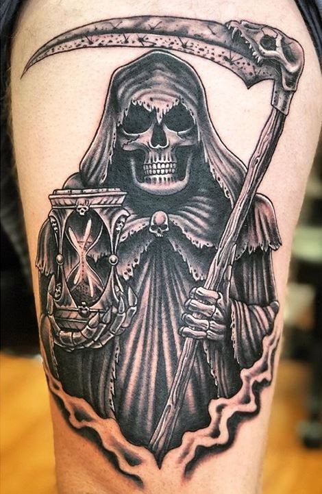 Grim Reaper Knife Tattoo, Grand Reaper Tattoos, Grim Reaper Holding Hourglass Tattoo, Grim Reaper Hourglass Tattoo, Grim Repear Tattoo, Grim Reaper Scythe Tattoo, Grim Reaper Sleeve Tattoo, Reaper Tattoo Stencil, Santa Muerte Tattoo For Men