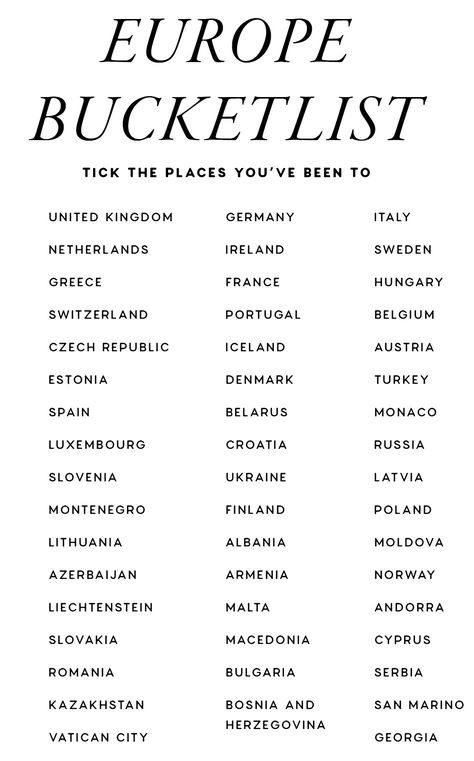 List Of European Countries, Places To Travel Bucket Lists World, Bucket List Photos, Checklist Travel, European Bucket List, Travel Infographic, Europe Bucket List, Holiday Travel Destinations, Travel Destinations Bucket Lists