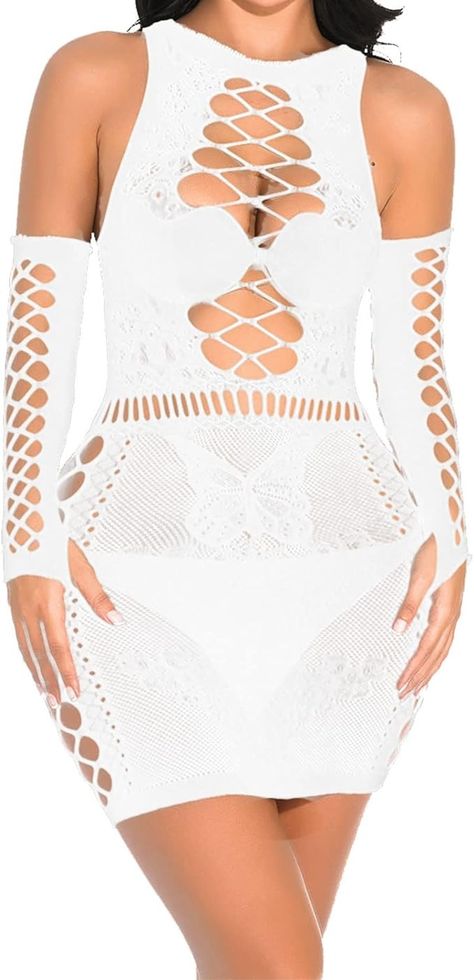 Amazon.com: KLONKEE Women's Fishnet Bodystocking Mesh Lingerie Bodysuit White Sexy Wedding Babydoll Tight Nightwear Sleepwear Free Size Hollow Out Dress: Clothing, Shoes & Jewelry Net Stockings, Bodysuit Lingerie, Fishnet Tights, Fairy Costume, One Piece Bodysuit, Thigh Highs, Nightwear, Stockings, Top Styles